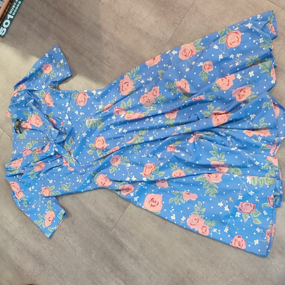 Hell Bunny Blue Floral Fit-and-Flare Dress with Pink Roses
